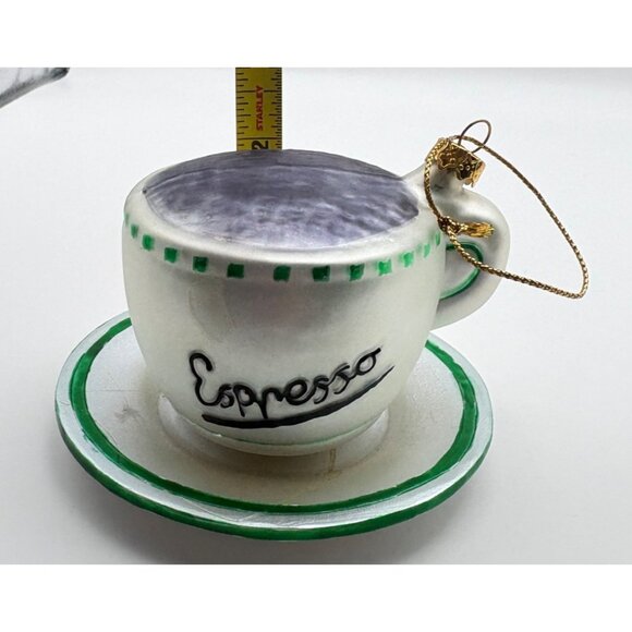 Vintage Espresso Cup Glass Christmas Tree Ornament with Saucer White Green Trim - Picture 3 of 9